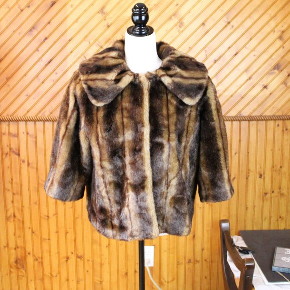 Luii Faux Fur Jacket Large Brown Vegan Animal Friendly 3/4 Sleeve Formal D36 - Picture 6 of 12